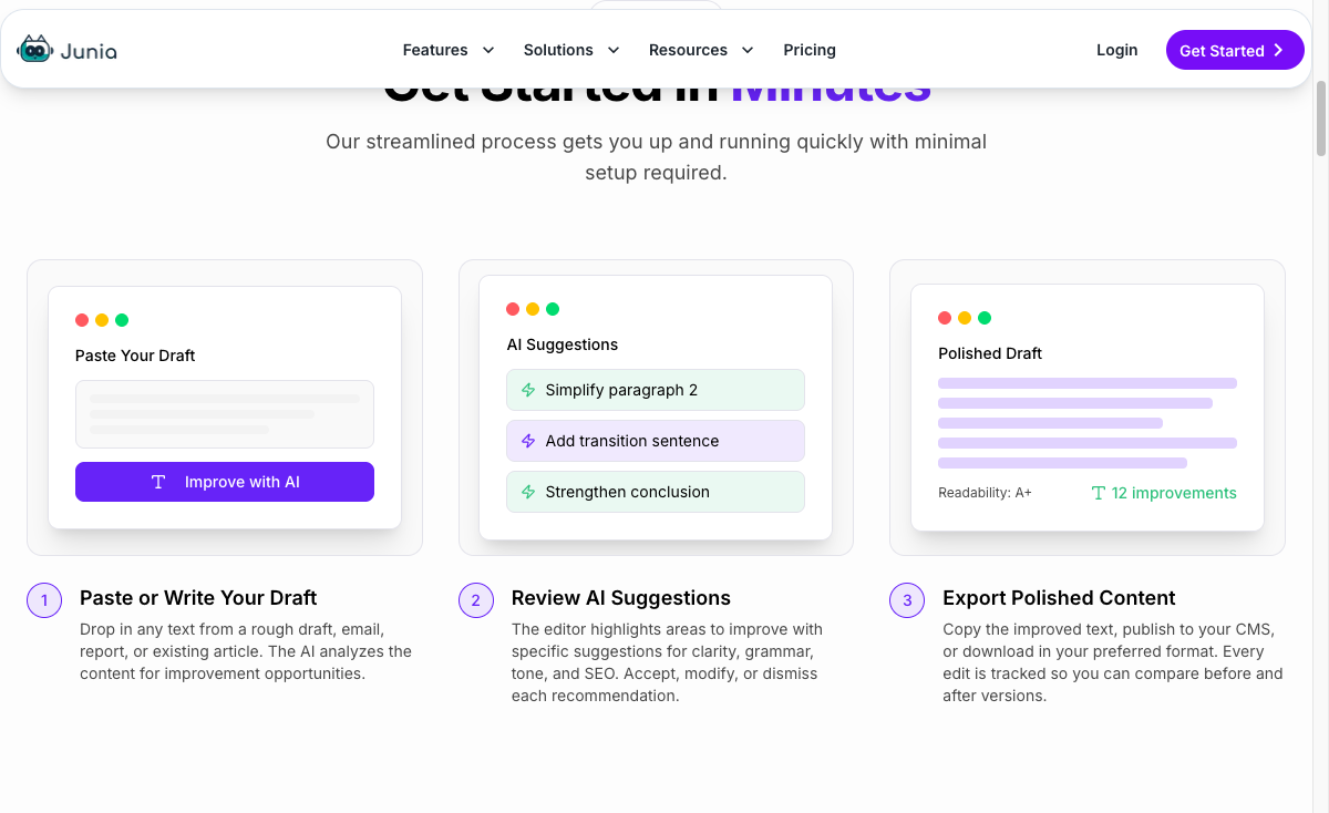 Junia AI text editor workflow showing draft input, AI suggestions, and polished output