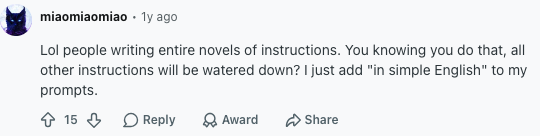 Reddit comment screenshot recommending simple English for less robotic AI writing