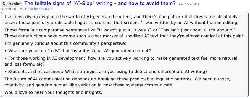 Reddit discussion screenshot showing readers calling out formulaic AI writing patterns