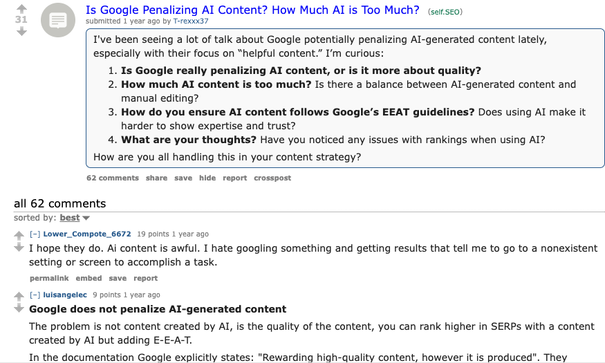Reddit SEO discussion about AI content quality, E-E-A-T, and whether Google penalizes AI-generated content