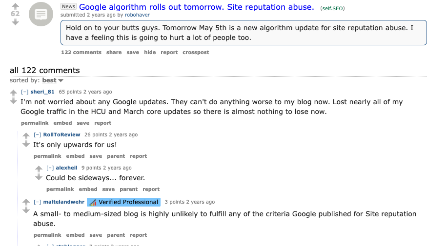 Reddit SEO discussion about Google's site reputation abuse update and parasite SEO risk