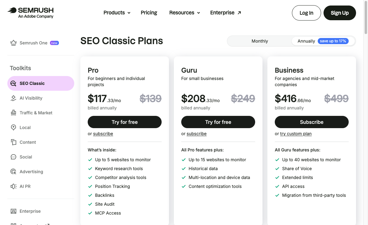 Semrush SEO Classic pricing cards showing Pro, Guru, and Business plan costs