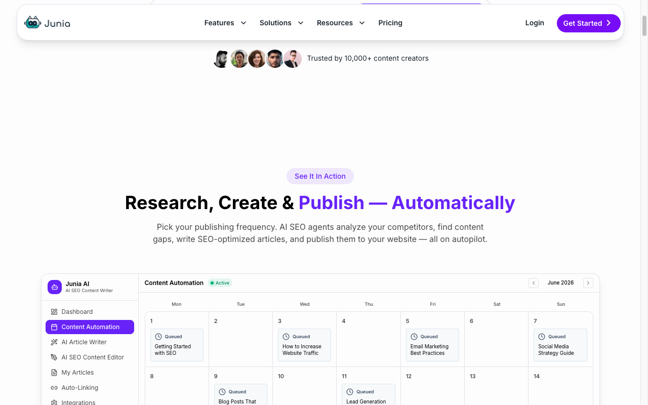 Junia AI content automation dashboard for planning and publishing SEO articles