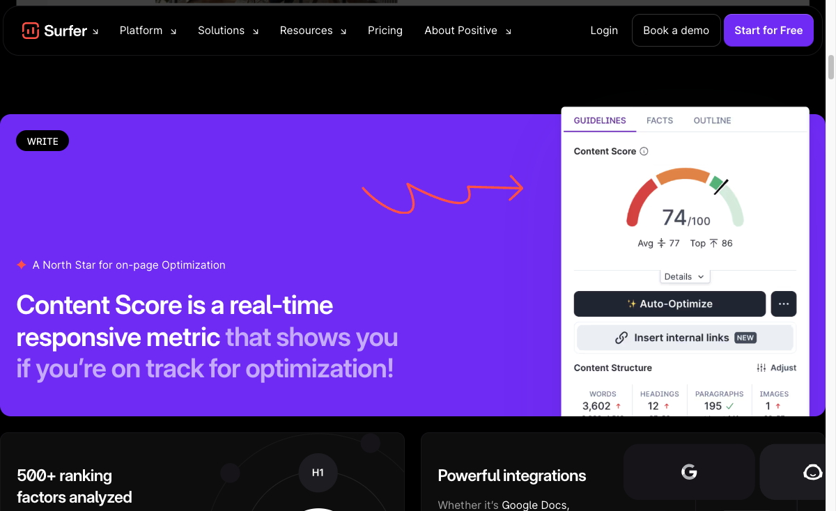 Surfer content editor showing content score, auto-optimize controls, and on-page SEO guidelines