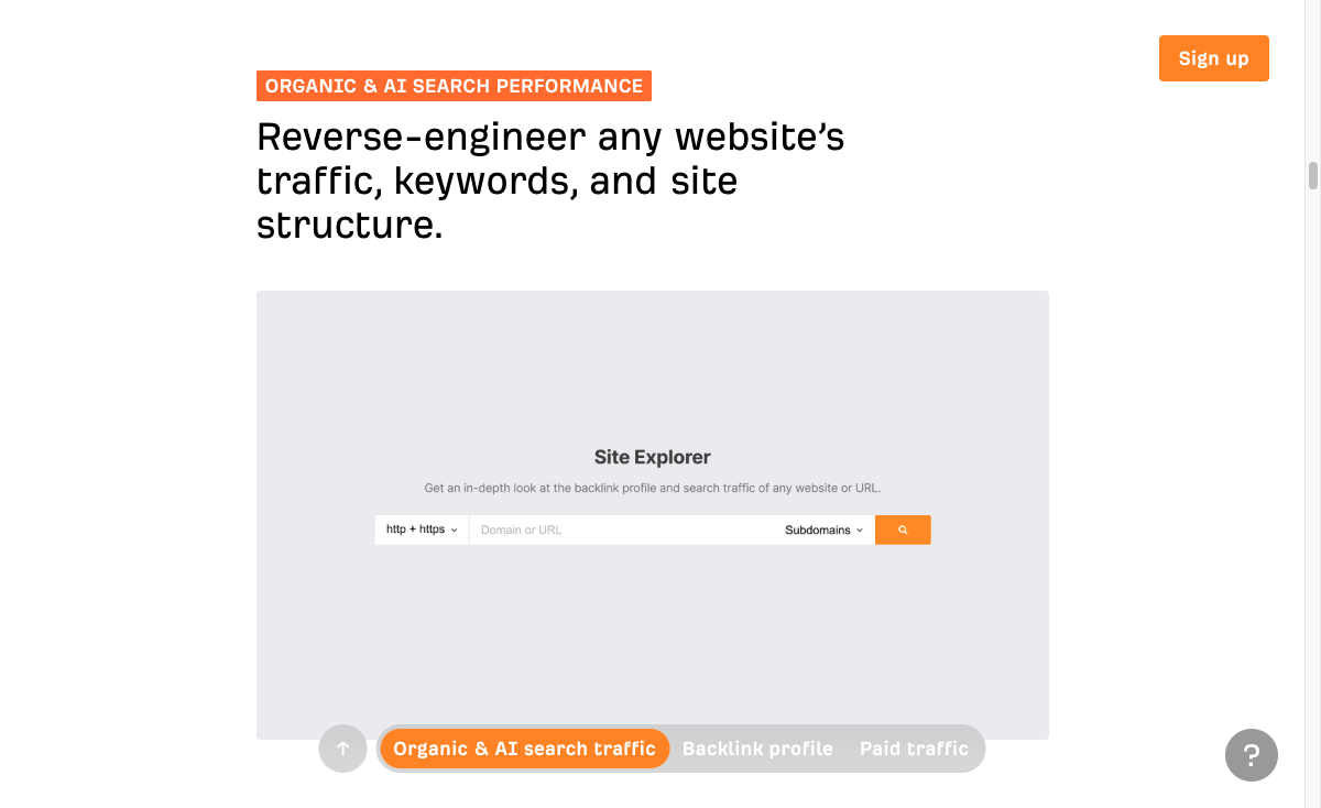 Ahrefs Site Explorer interface for competitor traffic and backlink research
