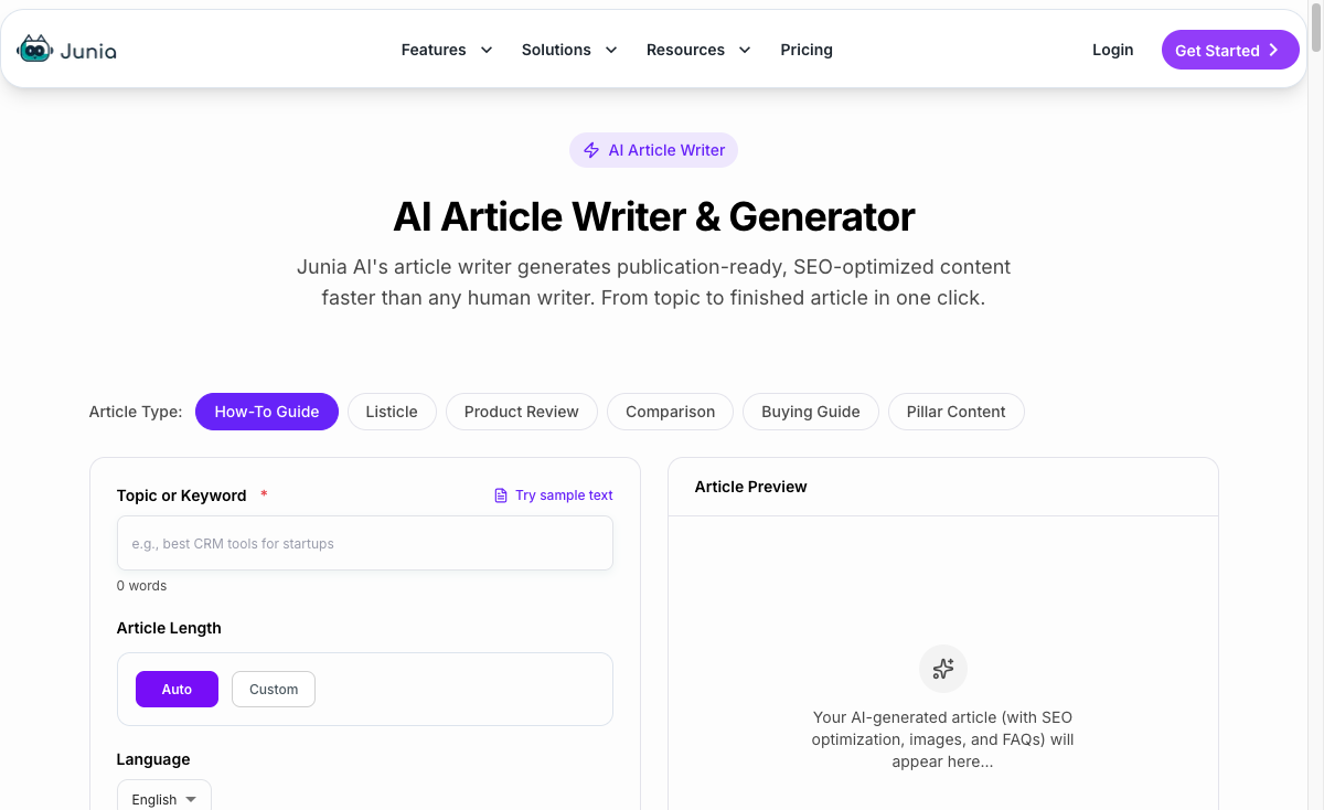 Junia AI article writer interface with SEO article settings, competitor research, images, FAQs, and publishing options