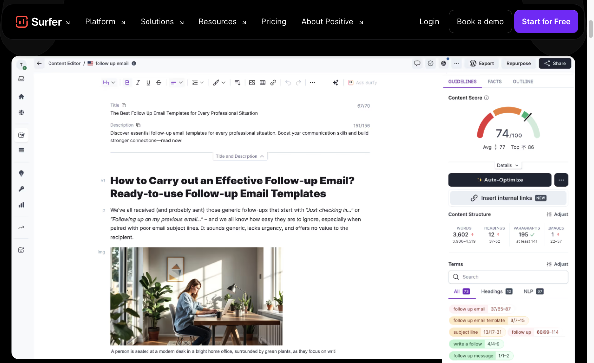 Surfer SEO content editor showing content score, structure recommendations, keyword terms, and internal link controls