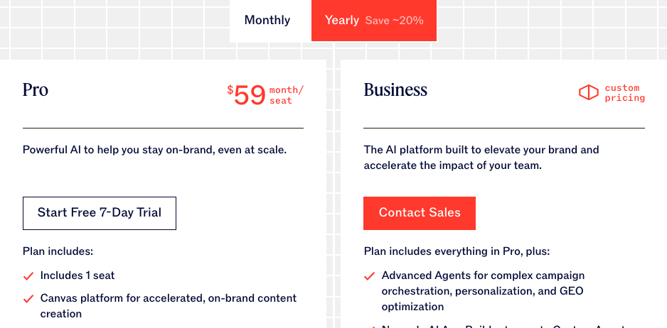 Jasper AI pricing page showing Pro and Business plans for Jasper alternatives research