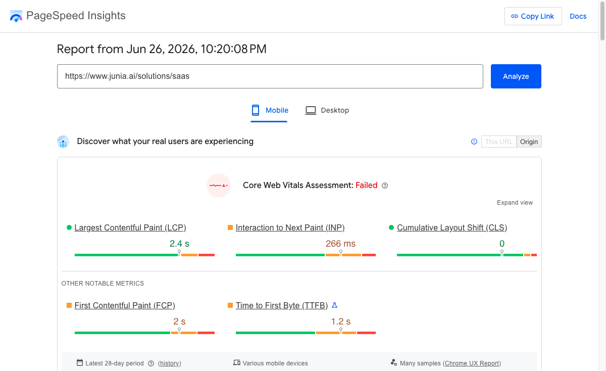 PageSpeed Insights report for a SaaS page showing Core Web Vitals and Lighthouse performance diagnostics