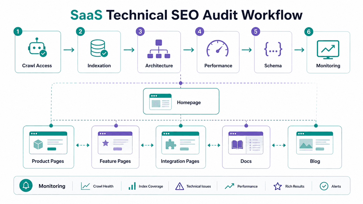 A diagram of SaaS technical SEO audit workflow connecting crawl access, indexation, architecture, performance, schema, and monitoring