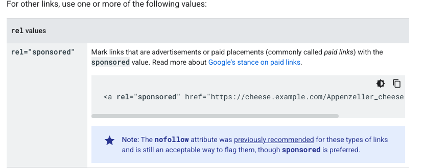 Google Search Central guidance showing rel sponsored for paid backlink placements