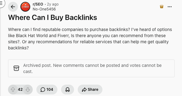Reddit thread asking where to buy backlinks from reputable companies