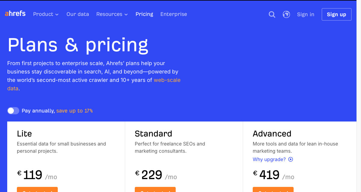 Ahrefs pricing page showing Lite, Standard, and Advanced monthly plans in 2026