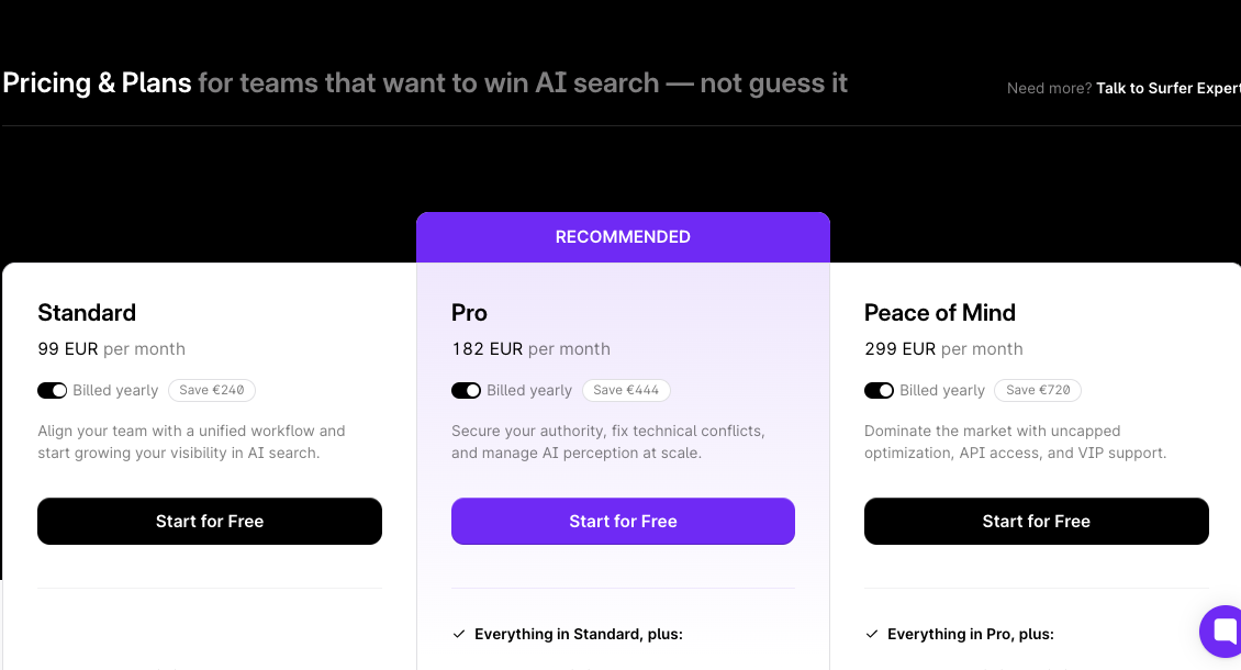 Surfer SEO pricing plans for Standard, Pro, and Peace of Mind in 2026
