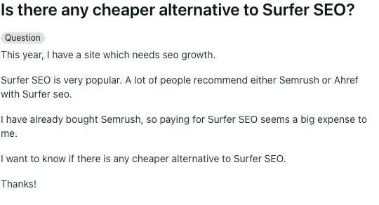Reddit discussion asking for a cheaper Surfer SEO alternative
