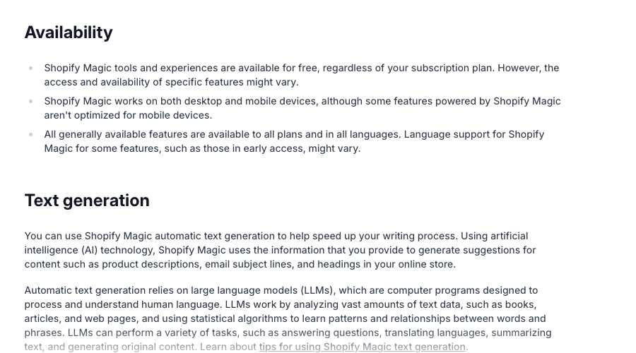 Shopify Magic help page explaining free availability and text generation for product descriptions, emails, and store headings