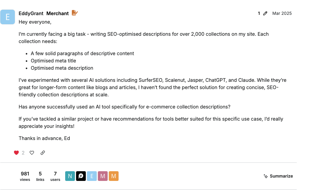 Shopify merchant asking for an AI writing workflow for 2,000 collection descriptions with SEO metadata