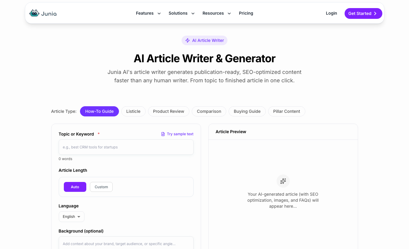 Junia AI article writer interface for SEO-focused long-form content