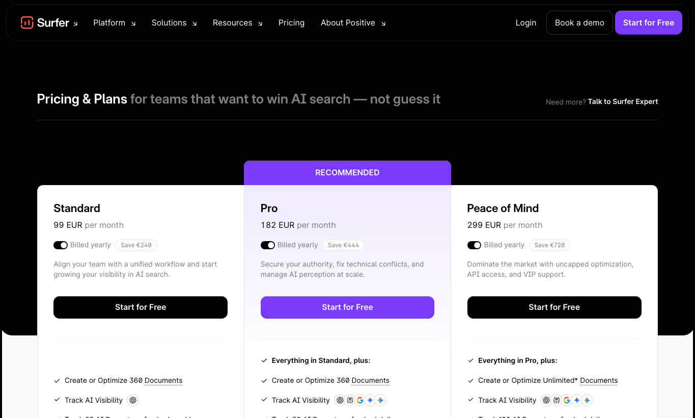 Surfer SEO pricing page showing AI visibility and content optimization plans