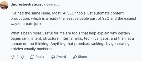 Screenshot of a public discussion about AI SEO tools needing strategy, structure, links, and human judgment
