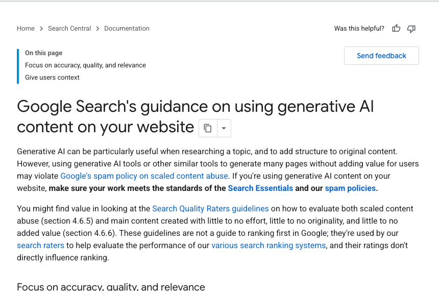 Google Search Central guidance on using generative AI content for websites