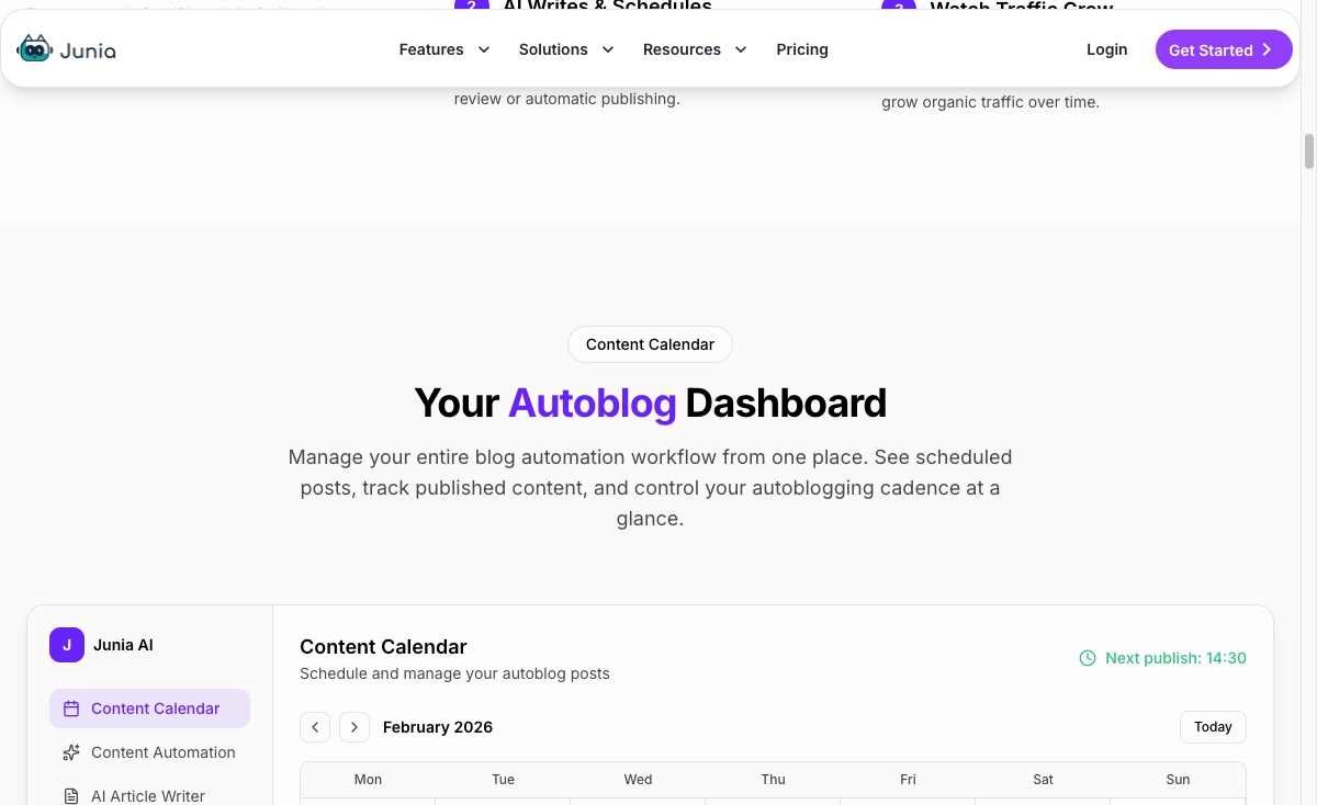 Junia AI autoblogging dashboard showing an automated content calendar and scheduled blog workflow