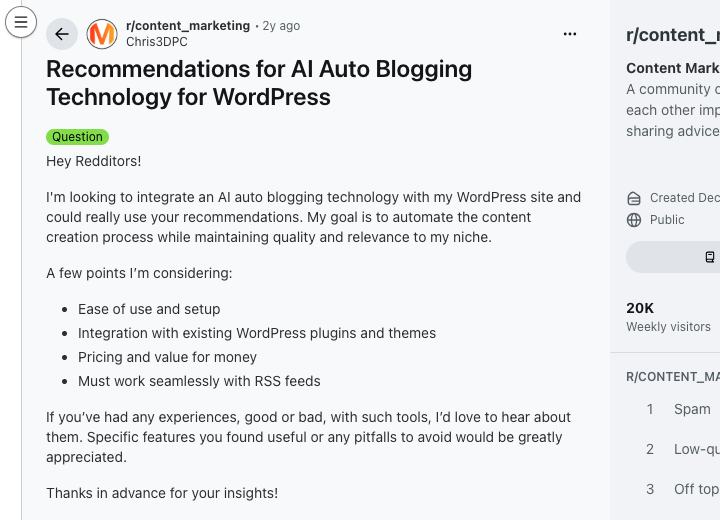 Screenshot of a user discussing the importance of quality and relevance when choosing AI autoblogging technology for WordPress