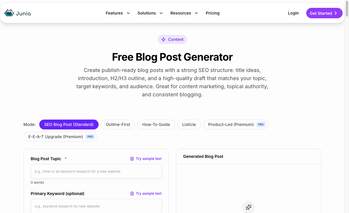 Junia AI blog post generator interface with SEO blog mode, keyword fields, tone controls, and generated post panel