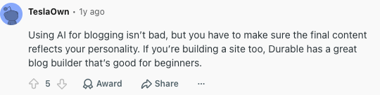 Reddit blogger comment about using AI blog generators while preserving personality in the final content