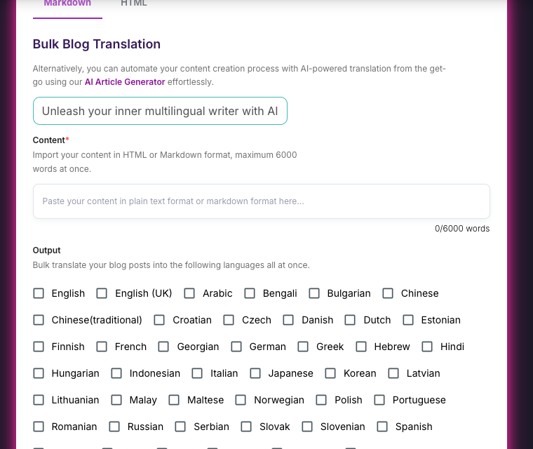 Junia AI bulk blog translation interface with Markdown input and language selection