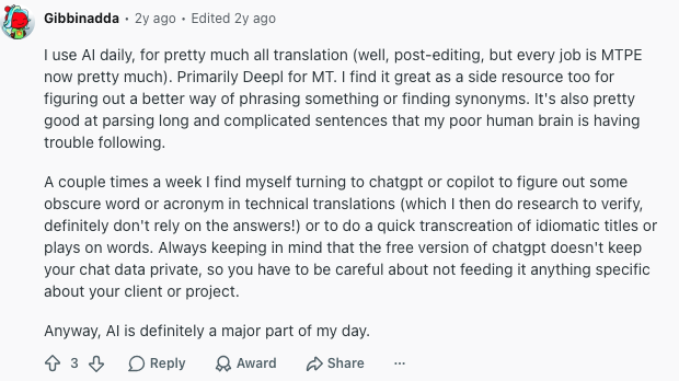 An online user sharing experience on using AI and machine translation in professional translation workflows
