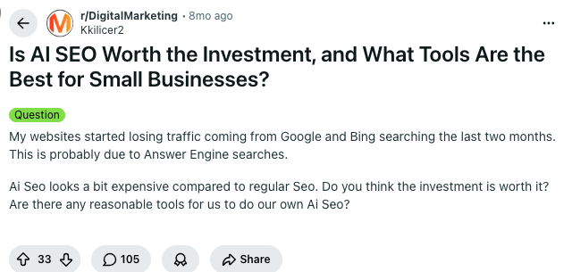 Screenshot of a question on whether AI SEO tools are worth the investment for small businesses