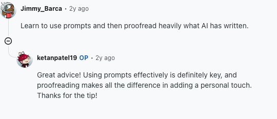Reddit content marketing comment advising writers to proofread AI-generated text heavily