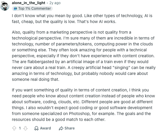 Screenshot of a public thread on AI content generator quality and workflow fit