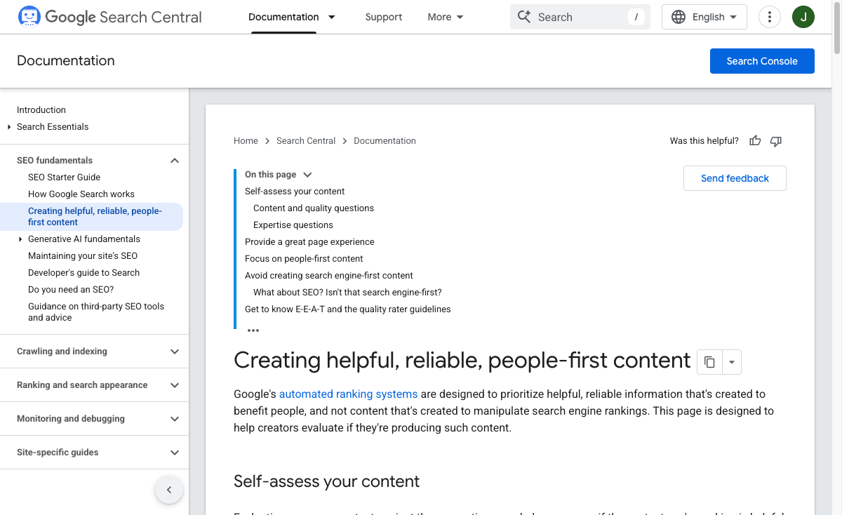 Google Search Central guidance on creating helpful reliable people-first content