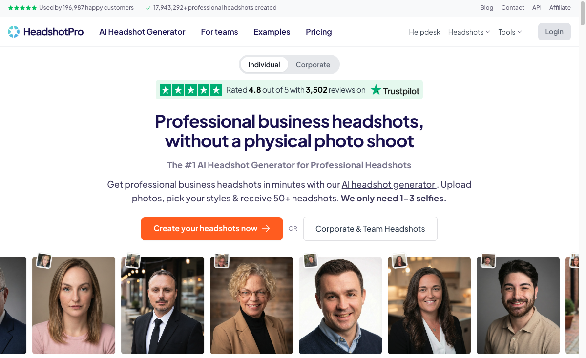 HeadshotPro AI headshot generator with professional portrait examples and Trustpilot rating