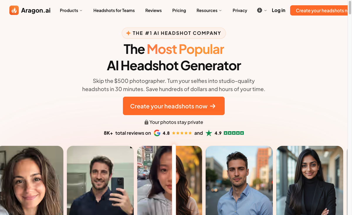 Aragon AI headshot generator homepage showing studio-quality headshot examples and review ratings