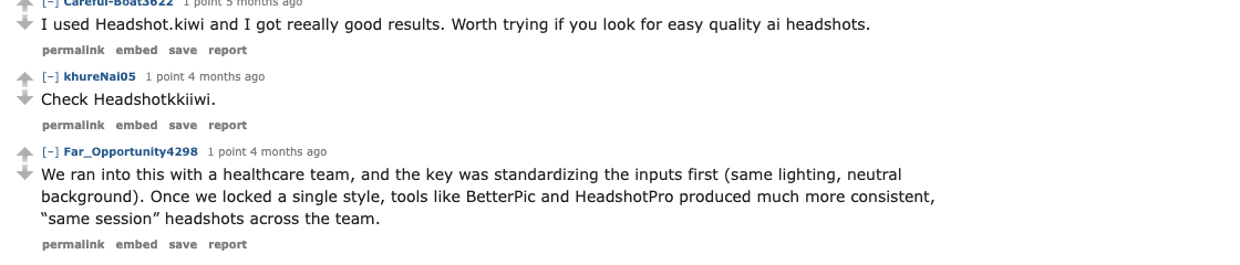 Screenshot of users sharing experiences on using AI headshot generators
