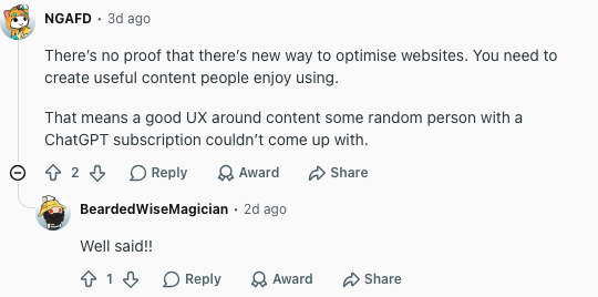 Webflow community discussion about useful content and AI search optimization