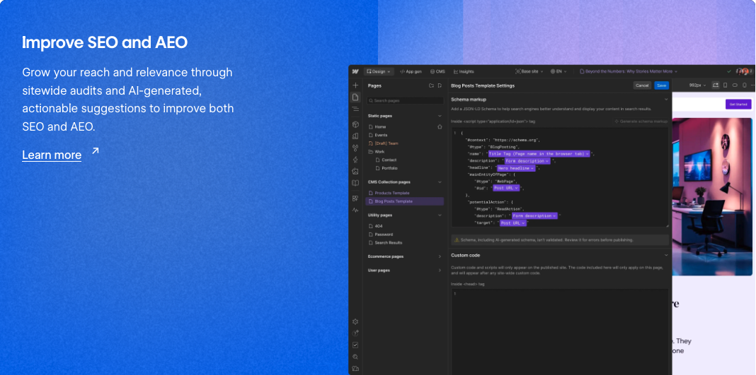 Webflow AI SEO and AEO workflow screenshot for Webflow content optimization