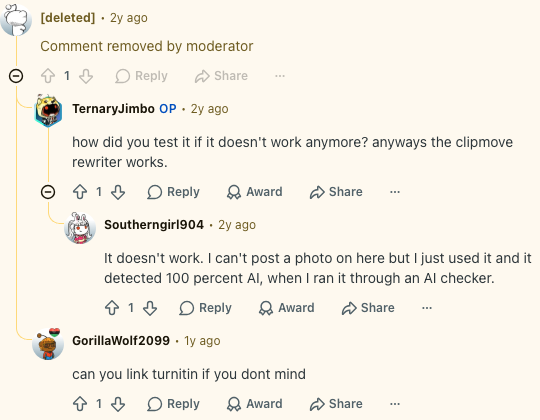 Reddit discussion showing a user complaint about AI rewritten text still being detected as AI