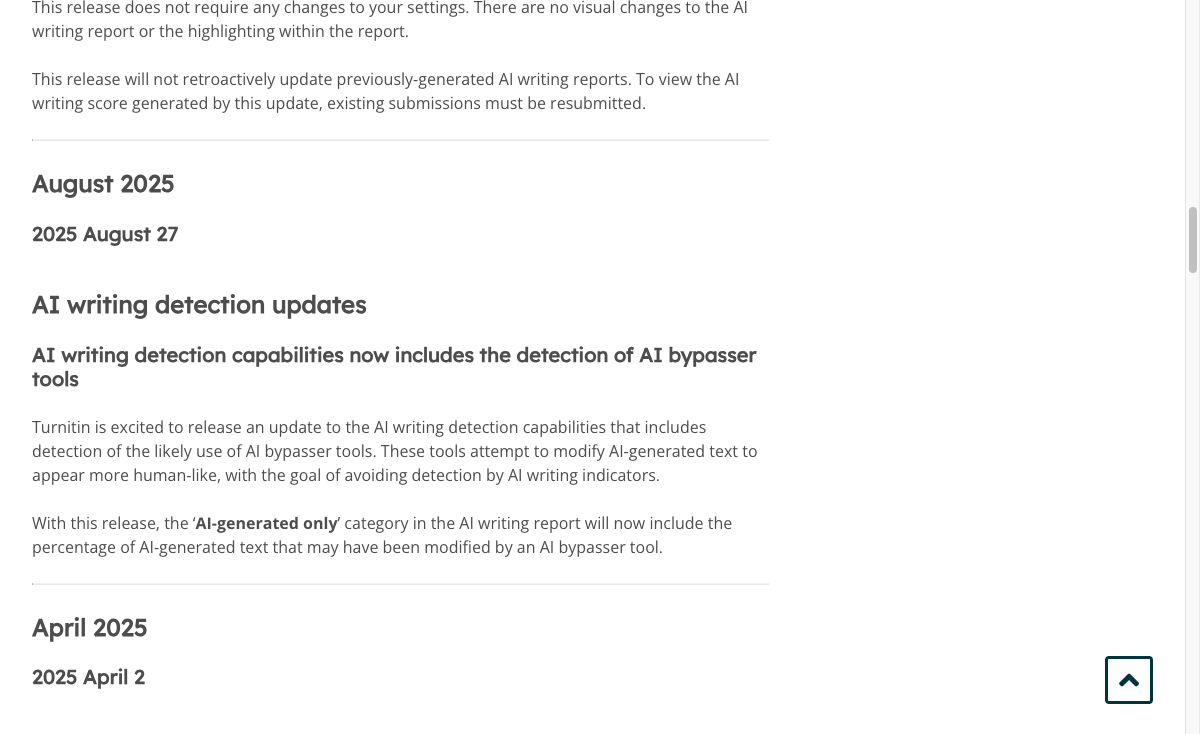 Turnitin release note showing AI bypasser tool detection updates for AI writing reports