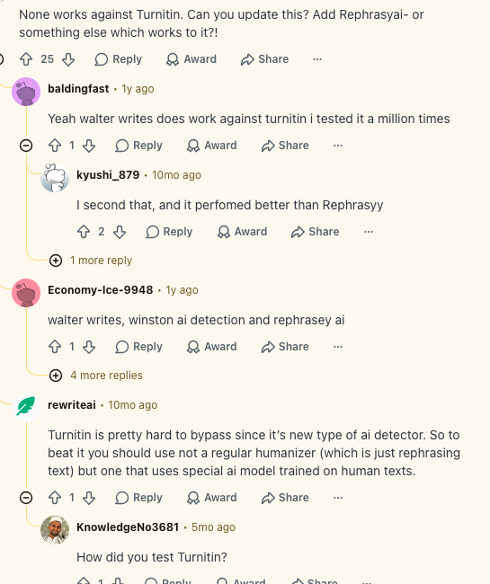 Screenshot of AI tool users discussing AI humanizer tools, Turnitin, and detector-sensitive rewriting