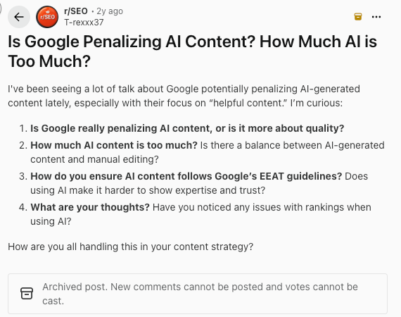 Forum discussion about Google penalties, AI content quality, and E-E-A-T concerns