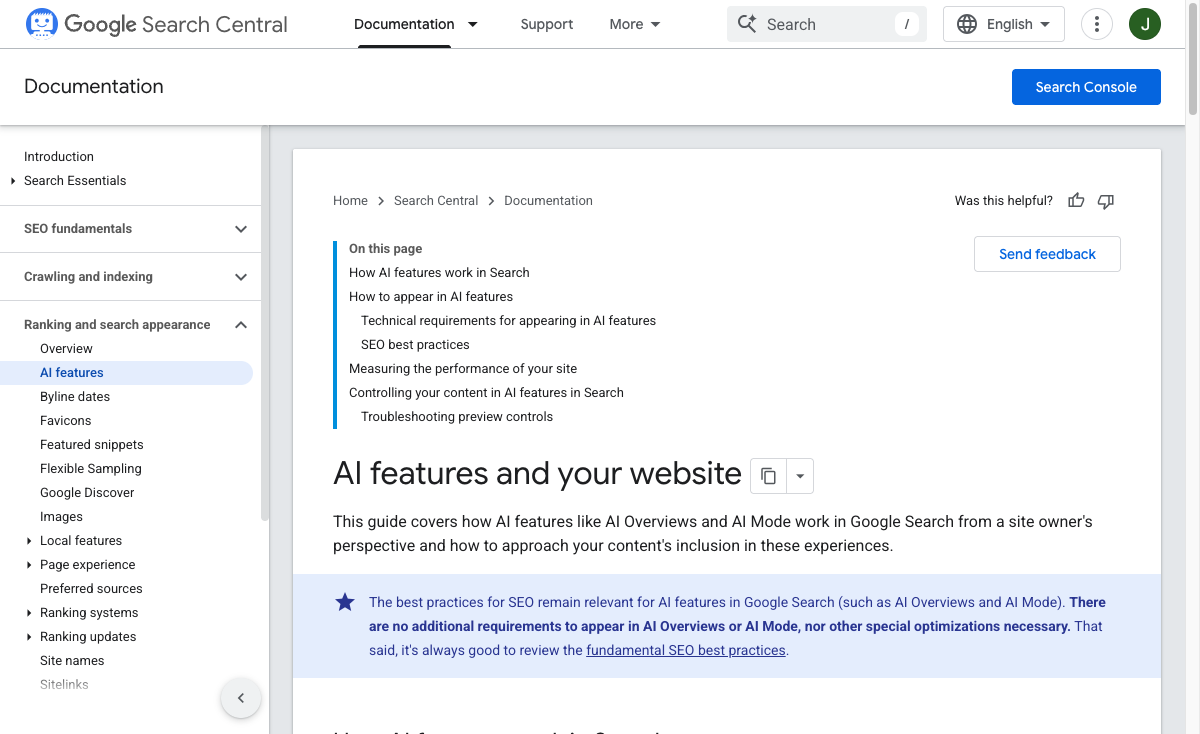 Google Search Central guidance saying AI features do not require special AI Overview optimization beyond search eligibility and SEO best practices