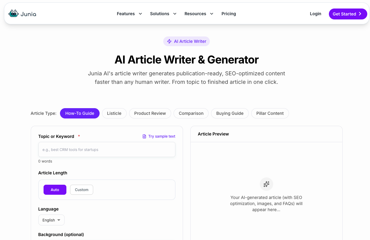 Junia AI Article Writer interface for generating SEO optimized articles with article type, keyword, language, and preview controls