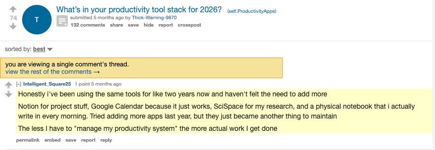 Screenshot of an online user recommending keeping a smaller AI productivity app stack in 2026 to avoid tool maintenance overhead