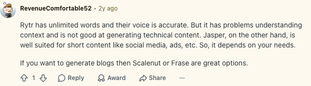 Reddit discussion comparing Rytr with Jasper, Frase, and other AI writing tools by workflow fit
