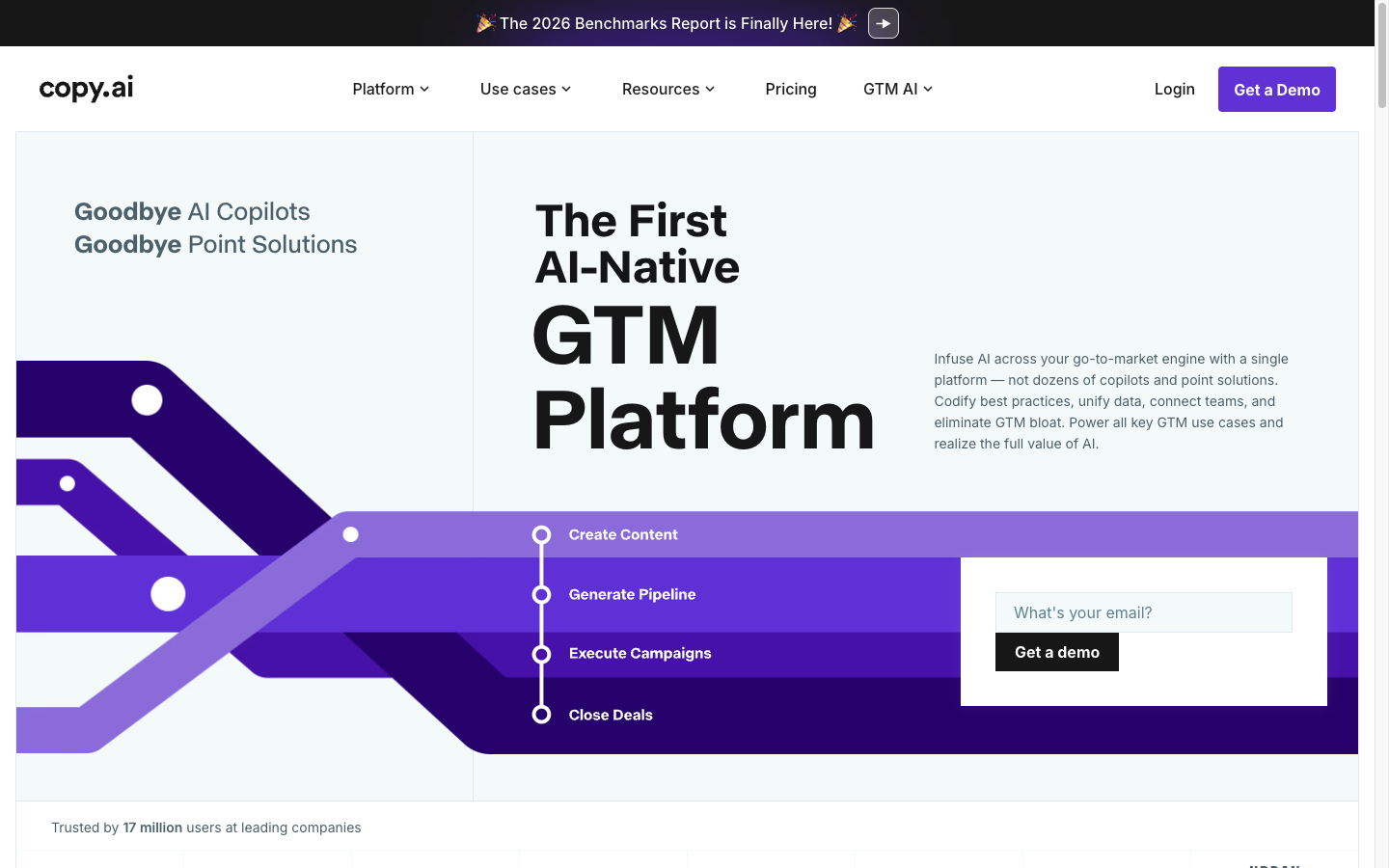 Copy.ai GTM platform page showing campaign workflow stages for content, pipeline, campaigns, and deals