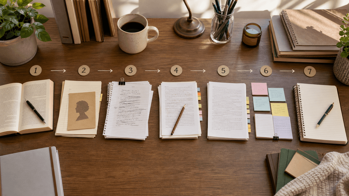 A simple seven-day creative writing process with reading notes, draft pages, revision marks, and feedback notes